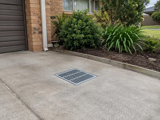 Concrete driveway with a metal stormwater grate beside a brick house and garden in Plumpton